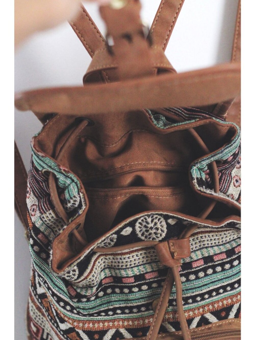 Boho Vintage-Style Brown Leather & Woven Backpack Adjustable Straps Tribal Print - Picture 3 of 4